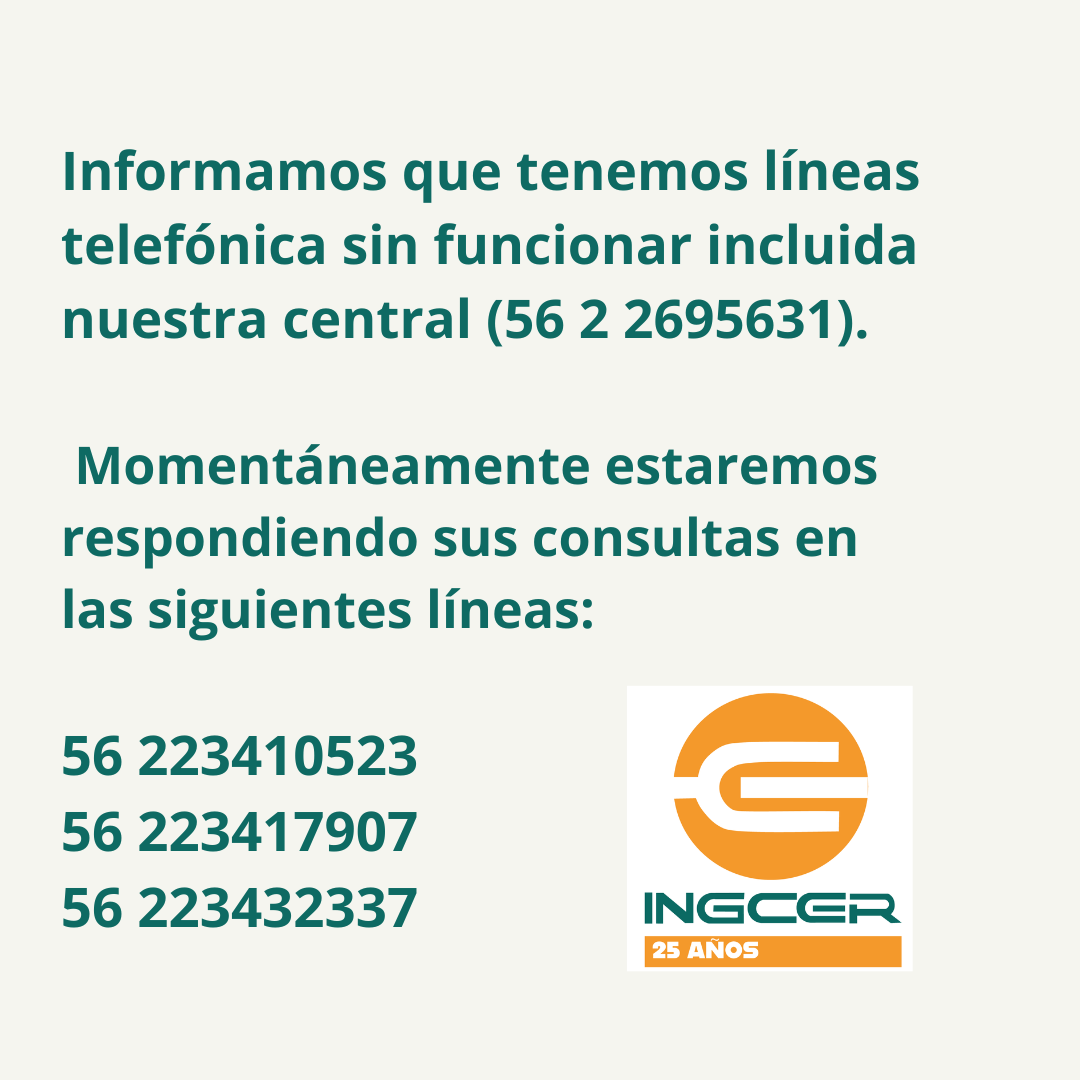 Informamos que tenemos tres líneas telefónica sin funcionar incluida la línea de cabecera de la central (56 2 2695631), lo cual nos impide recibir sus llamada. Momentáneamente estaremos respondiendo sus consultas en las siguientes líneas: 56 223410523 56 223417907 56 223432337